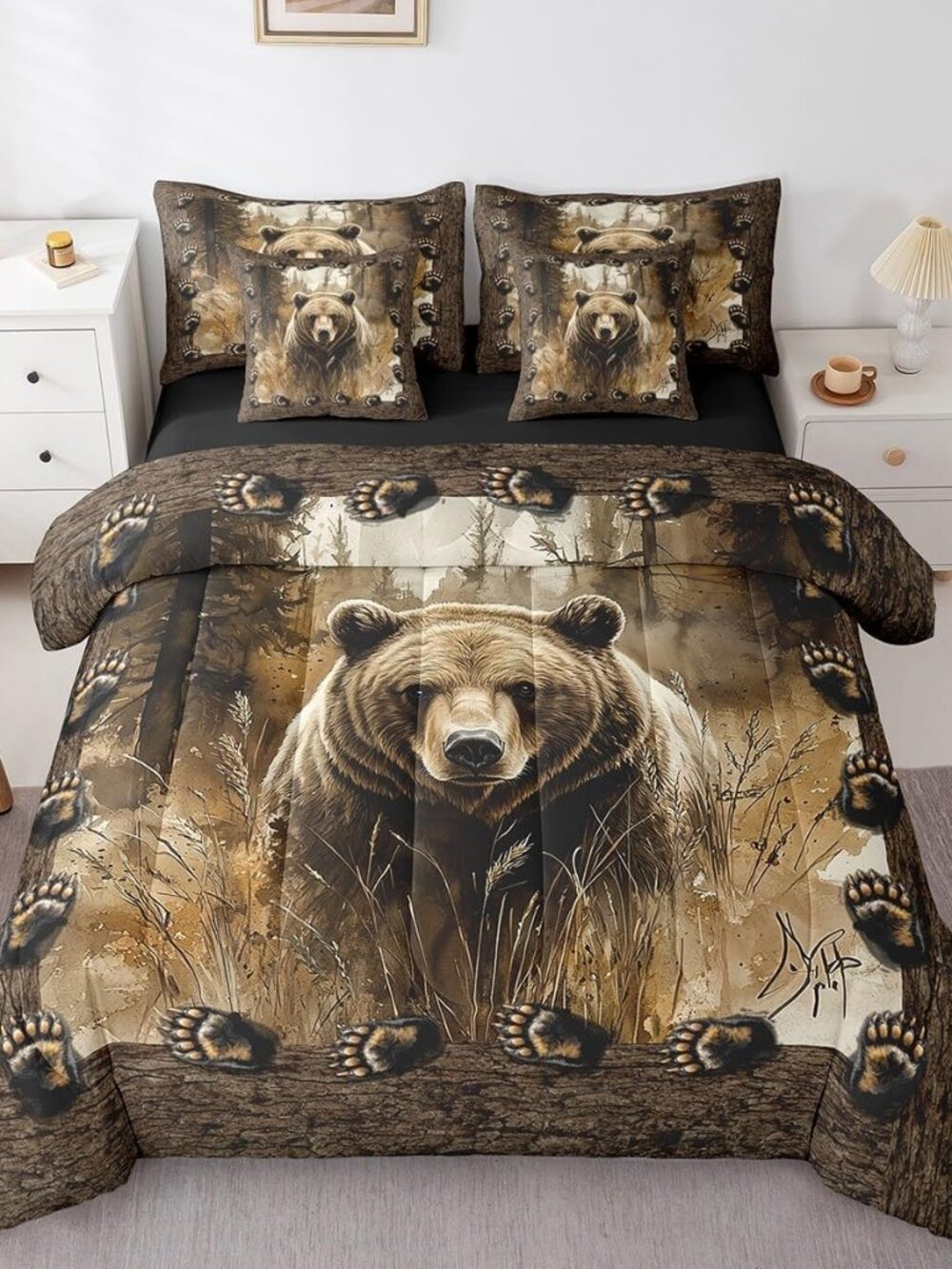 7Pcs Rustic Bear Kids Bedding Set for Boys,King Size Comforter Set with Sheets a